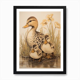 Sweet Ducklings Japanese Woodblock Style 2 Art Print