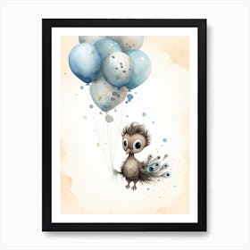 Baby Peacock Flying With Ballons, Watercolour Nursery Art 4 Poster