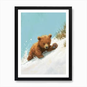 Brown Bear Cub Sliding Down A Snowy Hill Storybook Illustration 4 Art Print
