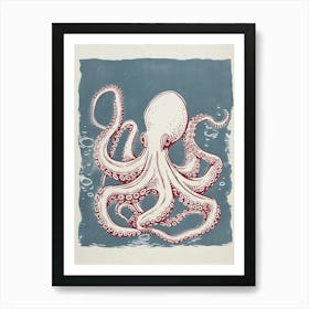 Chalk Blue Octopus Linocut Style Art Print