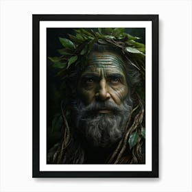 Weathered Man Face Adorned With Colored Leaves Brow Furrowed In Contemplation Eyes Of Deep Green Art Print