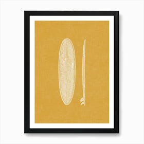 Vintage Surfboard Silhouette On Mustard Linen Texture Art Print