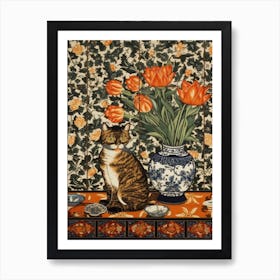 Tulips With A Cat 2 William Morris Style Art Print