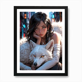 Anime Girl With White Wolf 1 Art Print