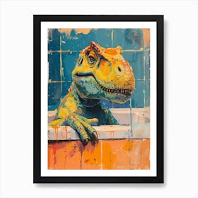 Dinosaur In The Bathtub Blue Orange Art Print