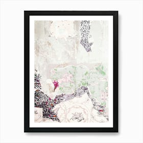 New York, USA I Damaged green pattern wallpaper destroyed vintage antique with tears, a horse, leopard print on a wall with a washed out black and white photography for a museum abstract minimalist modern art Art Print