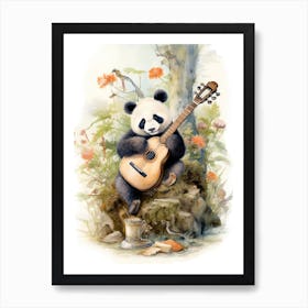 Panda Art Playing An Instrument Watercolour 1 Art Print