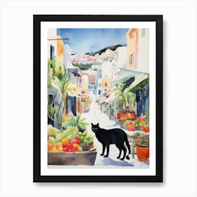 Food Market With Cats In Santorini 1 Watercolour Art Print