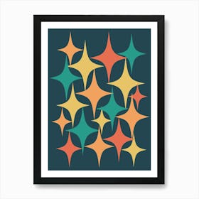 Mid Century Modern Atomic Starburst Charcoal, Yellow, Orange, Teal Art Print