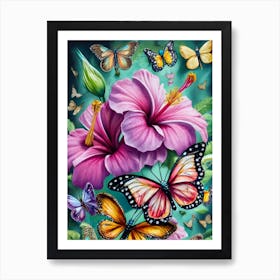 Butterflies And Hibiscus Art Print