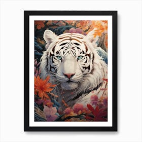 White Tiger and red flower Art Print