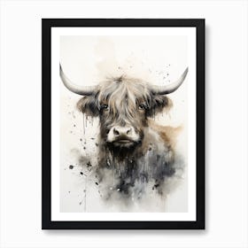 Black & White Watercolour Illustration Of Highland Cow 3 Art Print