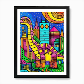 Cute Geometric Dinosaur Cityscape Abstract Illustration Art Print