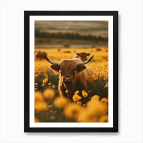 Highland Cows In Flower Field Art Print