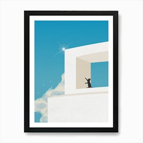 Minimal art of a cat on top of a modern architectural building Art Print