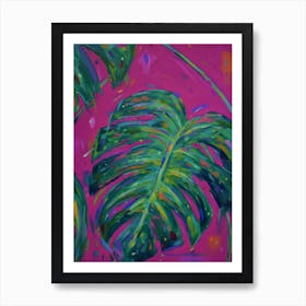 Monstera Leaf Green In Pink Art Print