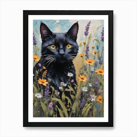 Black Cat Amongst the Wildflowers - Oil and Palette Knife Painting of A Beautiful Black Cat Sitting Among the Summer Flowers - Kitty, Cat Lady, Pagan, Feature Wall, Witch, Fairytale Tarot Bastet Colorful Painting in HD Art Print