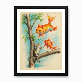 Koi Fish And Cat Art Print