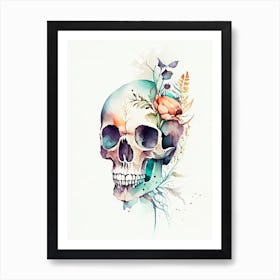 Skull With Watercolor Effects Line Drawing Art Print