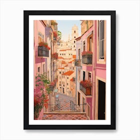 Lisbon Portugal 1 Vintage Pink Travel Illustration Art Print