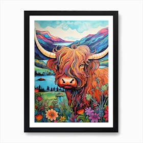 Colourful Illustration Of Highland Cow On Clear Day 1 Art Print