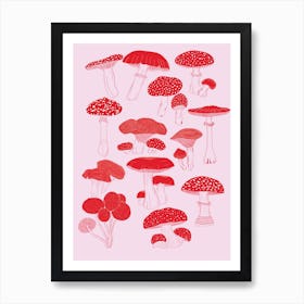 Pink And Red Illustrated Mushroom Art Print