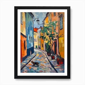 Painting Of A Street In Budapest Hungary With A Cat In The Style Of Matisse 4 Art Print