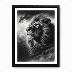 Barbary Lion Charcoal Drawing Facing A Storm 4 Art Print