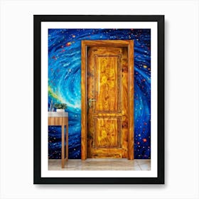 Oil Painting Of A Wooden Door Ajar Revealing A Spiraling Galaxy Contrasted Against A Wall Adorned (1) Art Print