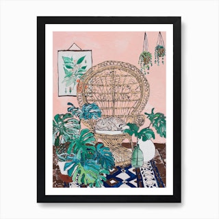 Wicker Peacock Chair With Sleeping Tabby Cat On Pink Art Print