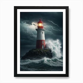 Lighthouse In Stormy Sea Poster