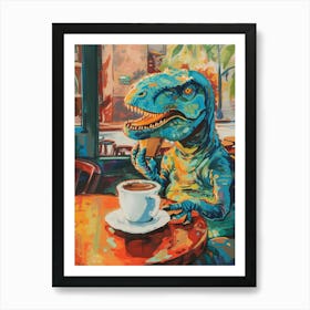 Dinosaur Drinking Coffee Blue Orange Brushstroke 2 Art Print