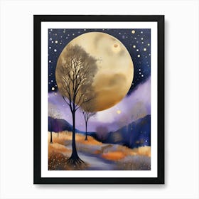 Cosmic Fall Night،
An ethereal boho painting that captures the beauty of a fall night sky. The background is a deep navy, speckled with tiny stars, while the foreground features silhouettes of autumn trees in shades of charcoal and dark olive. The moon is painted in a glowing silver, surrounded by soft wisps of mist in pale gold and lavender.
.5 Art Print