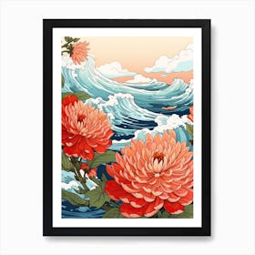 Great Wave With Zinnia Flower Drawing In The Style Of Ukiyo E 2 Poster