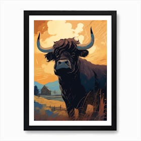 Black Bull In The Field At Sunset Art Print