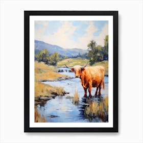 Impressionism Style Painting Of A Highland Cattle In The River 4 Art Print