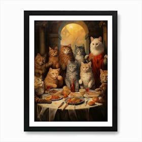 Medieval Cats Dining Around A Circle Table In A Monestary Art Print