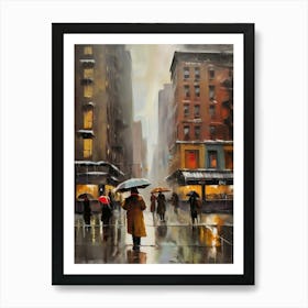 New York City, rain falling, city cafes, passing by, winter, vintage oil colors.12 Art Print