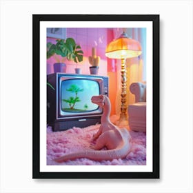 Pastel Pink Toy Dinosaur Watching Tv Art Print