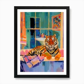 Tiger In A Bath Print Maximalist Bathroom Wall Art Pink Kitsch Art Print