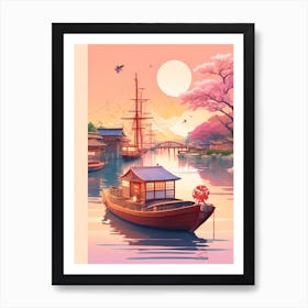 Dreamshaper V5 A Boat In The River Of Japanese Town With Sunse 0 Art Print