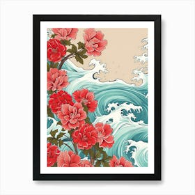 Great Wave With Geranium Flower Drawing In The Style Of Ukiyo E 3 Art Print