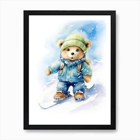 Snowboarding Teddy Bear Painting Watercolour 2 Art Print