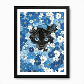 Black Cat In Blue Flowers 6 Art Print