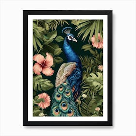 Peacock With Tropical Flowers Art Print