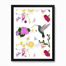 Hummingbird And Flowers Art Print