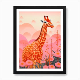 Pink Giraffe & Plants 1 Art Print