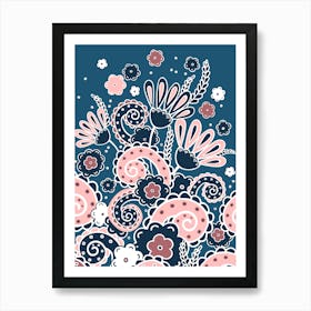 Doodles, Spring Garden, Blue and pink version Art Print