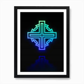Neon Blue and Green Abstract Geometric Glyph on Black n.0007 Art Print