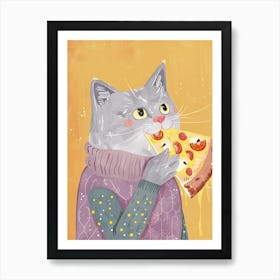 Grey Cat Eating A Pizza Slice Folk Illustration 4 Art Print